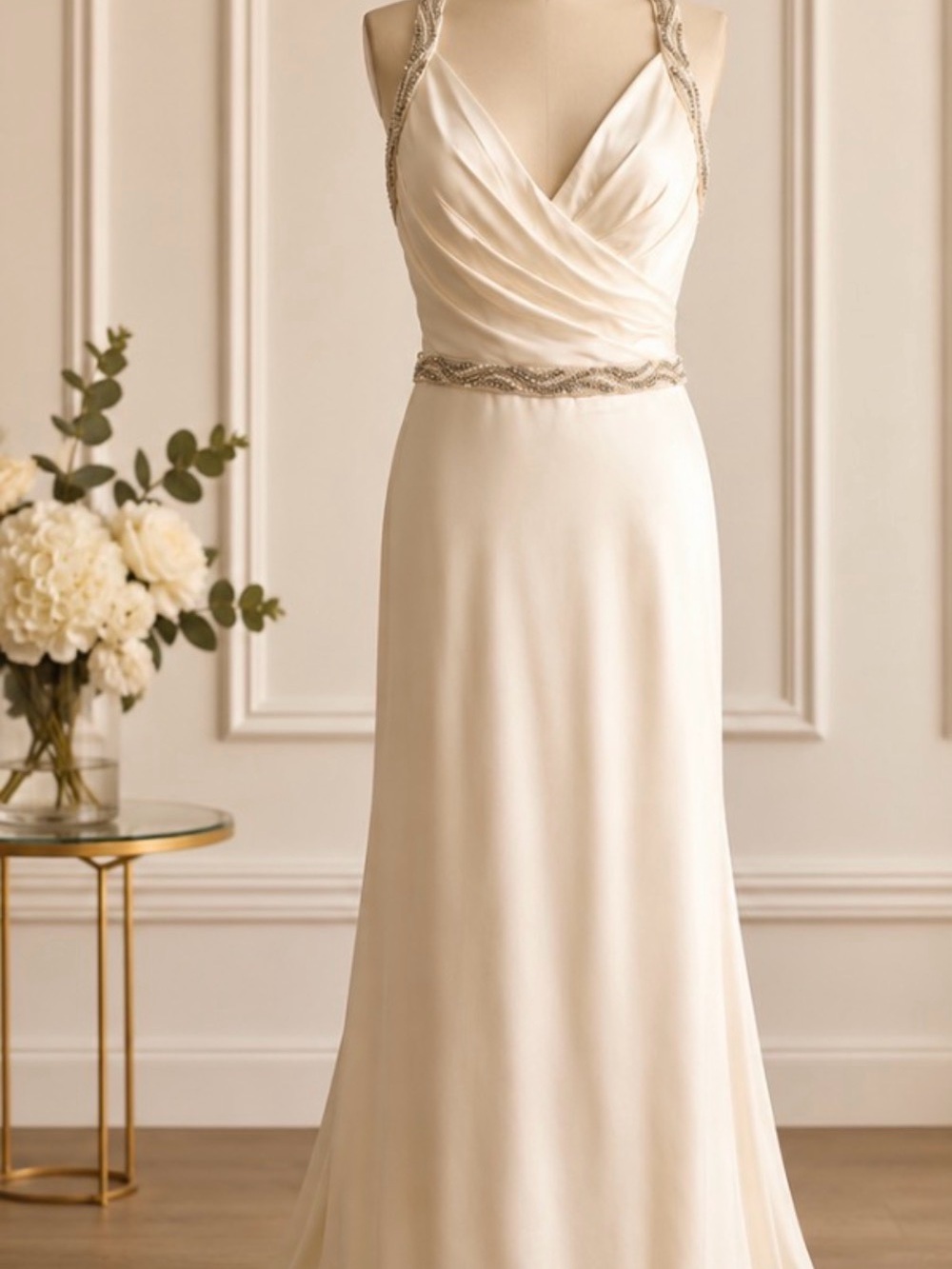 Ivory Beaded-Trim Backless Satin Gown